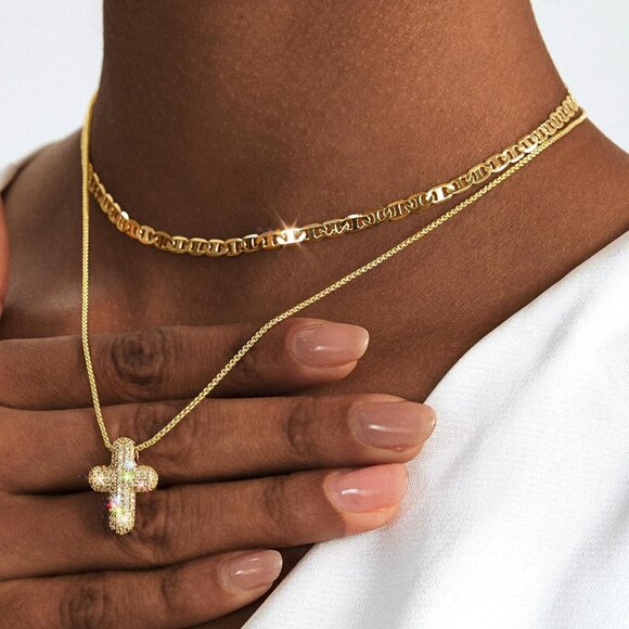 Bubble Cross Necklace for Women 14k Gold Plated Cross Necklace Stackable Dainty - Picture 2 of 7